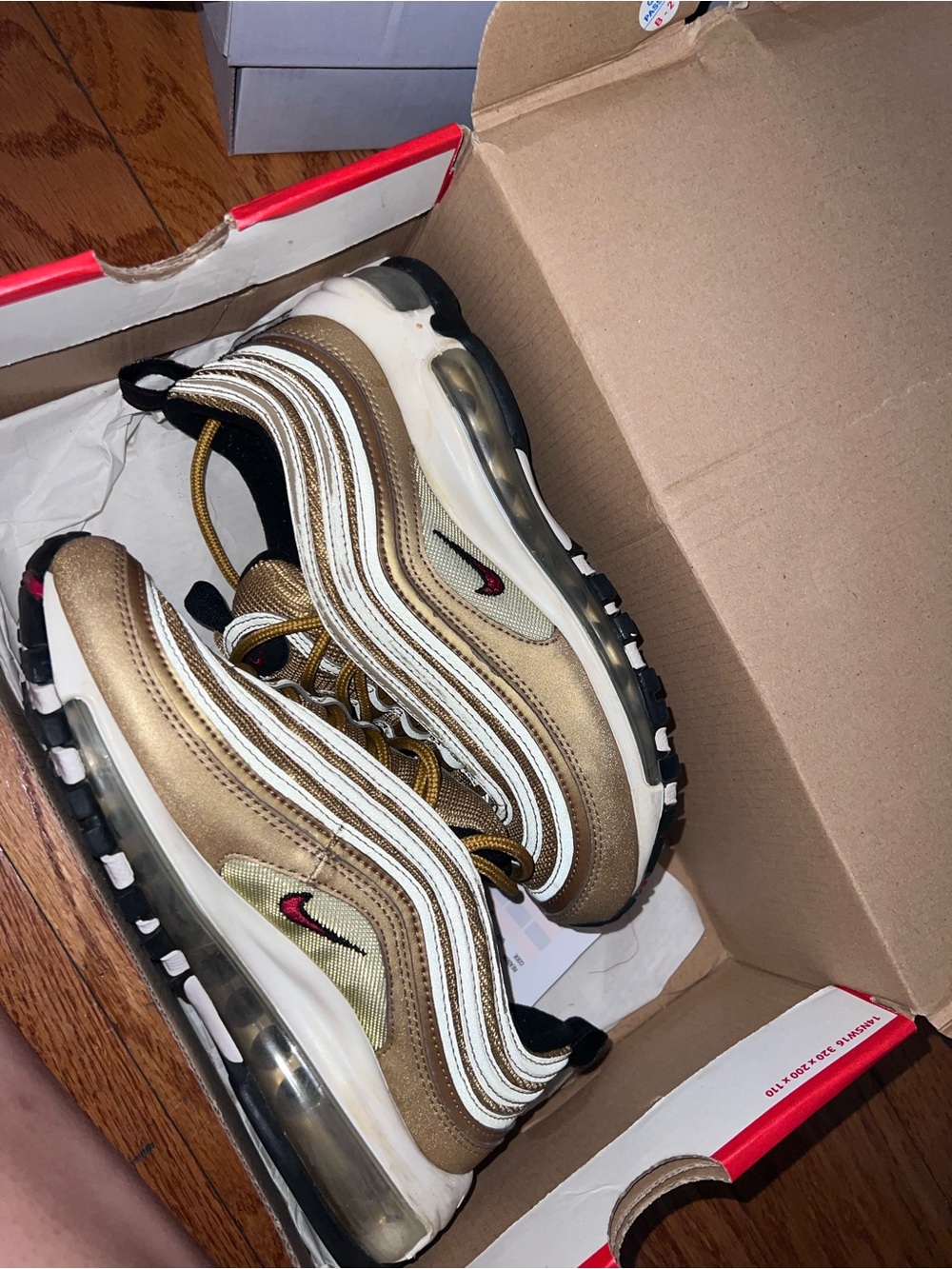 Nike Air Max 97 Gold White Black with Red Swoosh